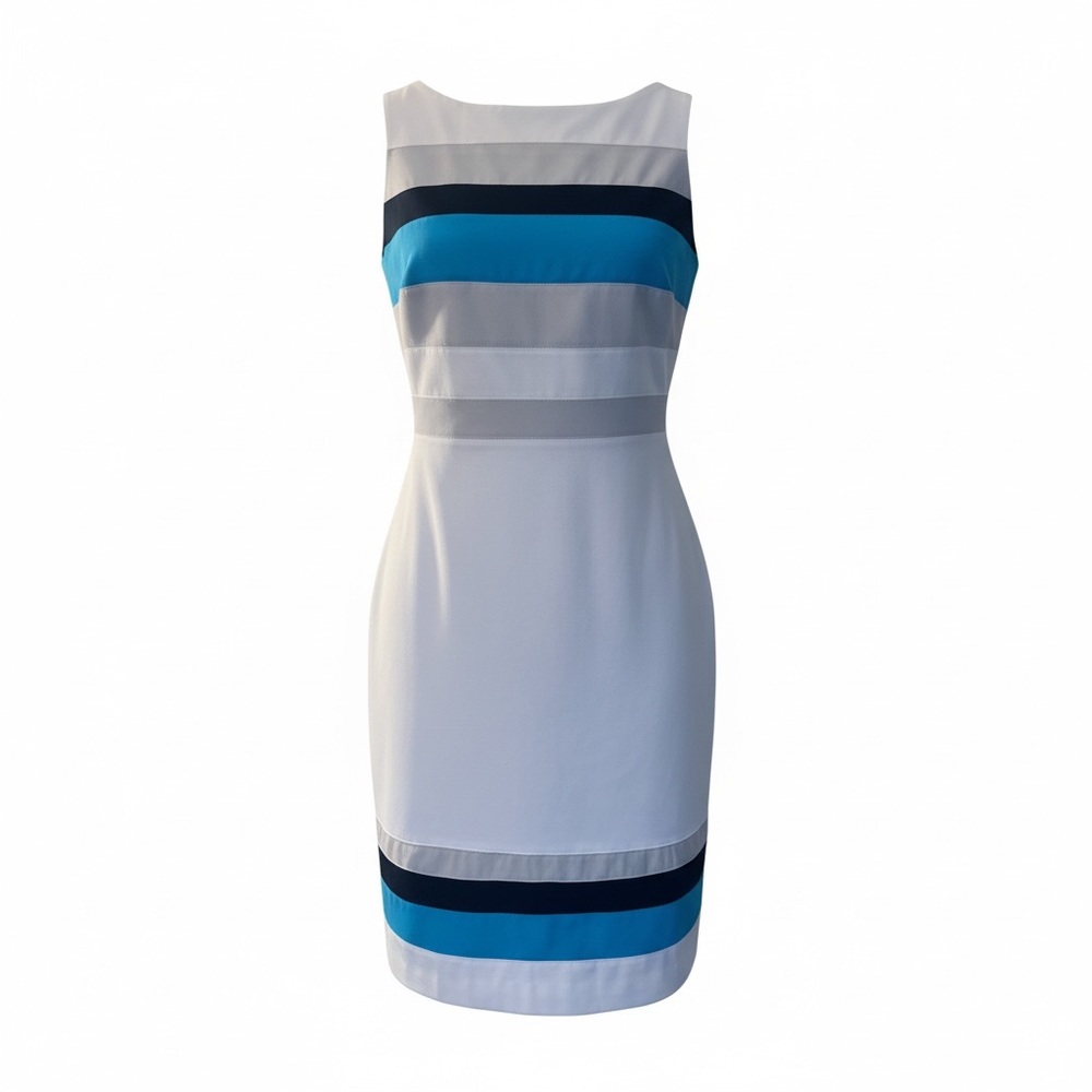 White House Black Market Sleeveless Sheath Dress White Blue Stripe Size 0